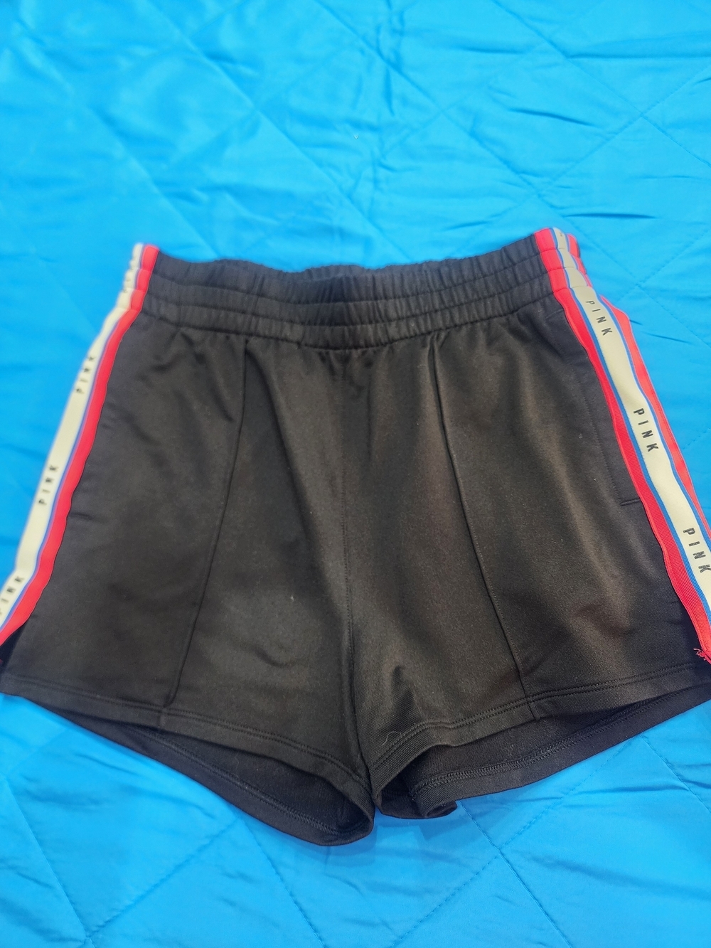 Victoria's Secret PINK Black Athletic Shorts with Red and Cream Side Stripes